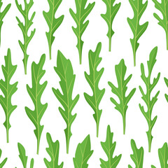 Cartoon bright seamless pattern with leaves of arugula on white