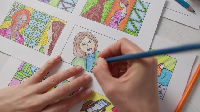 The artist draws a storyboard for the comics. Storytelling. 