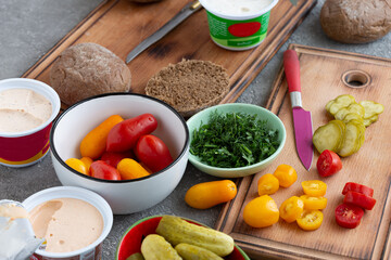 Vegetables and spread for vegan sandwiches, close up