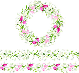 Round frame with pretty pink tulips and snowdrops. Festive floral circle for your season design.
