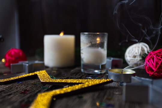 Christmas background stars burning candles, cloae up