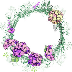 Round frame with pretty wild herbs and hydrangea flowers. Festive floral circle for your season design.