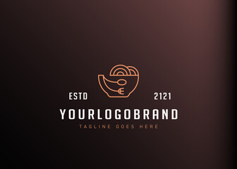 Japanese noodle ramen logo design. Vector illustration of japanese noodle ramen with bowl, spoon and fork monoline design. Vintage logo design vector line icon template