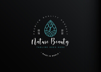 Hill and plant droplet logo design. Vector illustration of hill and leaf plant with droplet. Vintage logo design vector line icon template