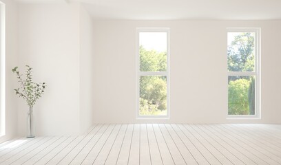 White empty room with summer landscape in window. Scandinavian interior design. 3D illustration