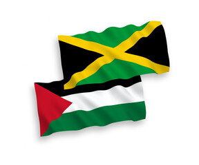 National vector fabric wave flags of Jamaica and Palestine isolated on white background. 1 to 2 proportion.