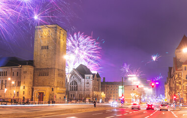 New Year's eve celebration with the fireworks. Poznan, Poland - obrazy, fototapety, plakaty
