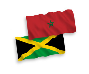 National vector fabric wave flags of Jamaica and Morocco isolated on white background. 1 to 2 proportion.