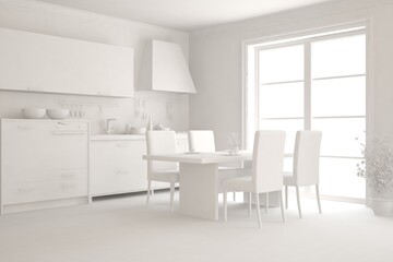 White stylish minimalist kitchen. Scandinavian interior design. 3D illustration