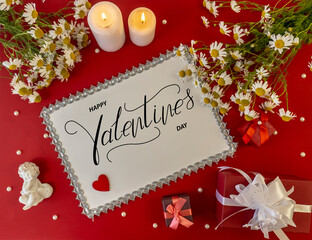 Fototapeta na wymiar Happy Valentine's day! Card, online banner, greeting card, Flat lay on Valentine's Day