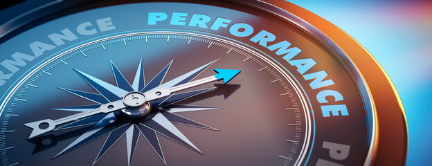 Dark compass with needle pointing to the word performance - 3D Illustration