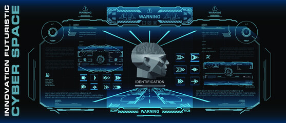Smart Cyber ​​Space, holographic innovative cyber panel projecting a human head hologram with HUD elements. HUD digital user interface. Brain hologram cyber concept