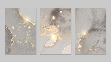 Silver grey and gold stone marble pattern with glowing lights. Abstract vector background in alcohol ink technique. Modern paint with glitter. Set of templates for banner, poster design. Fluid art