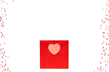 Red square love envelope with pink heart and colorful confetti on white isolated background