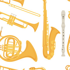 Seamless pattern Saxophone and classical French horn musical instrument with flowing musical notes vector illustration