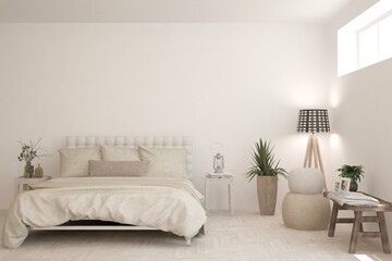 White bedroom interior. Scandinavian design. 3D illustration