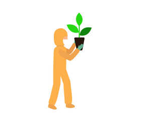 Green, young male character holding plant in hand, sustainability and responsibility, eco-friendly behavior.
