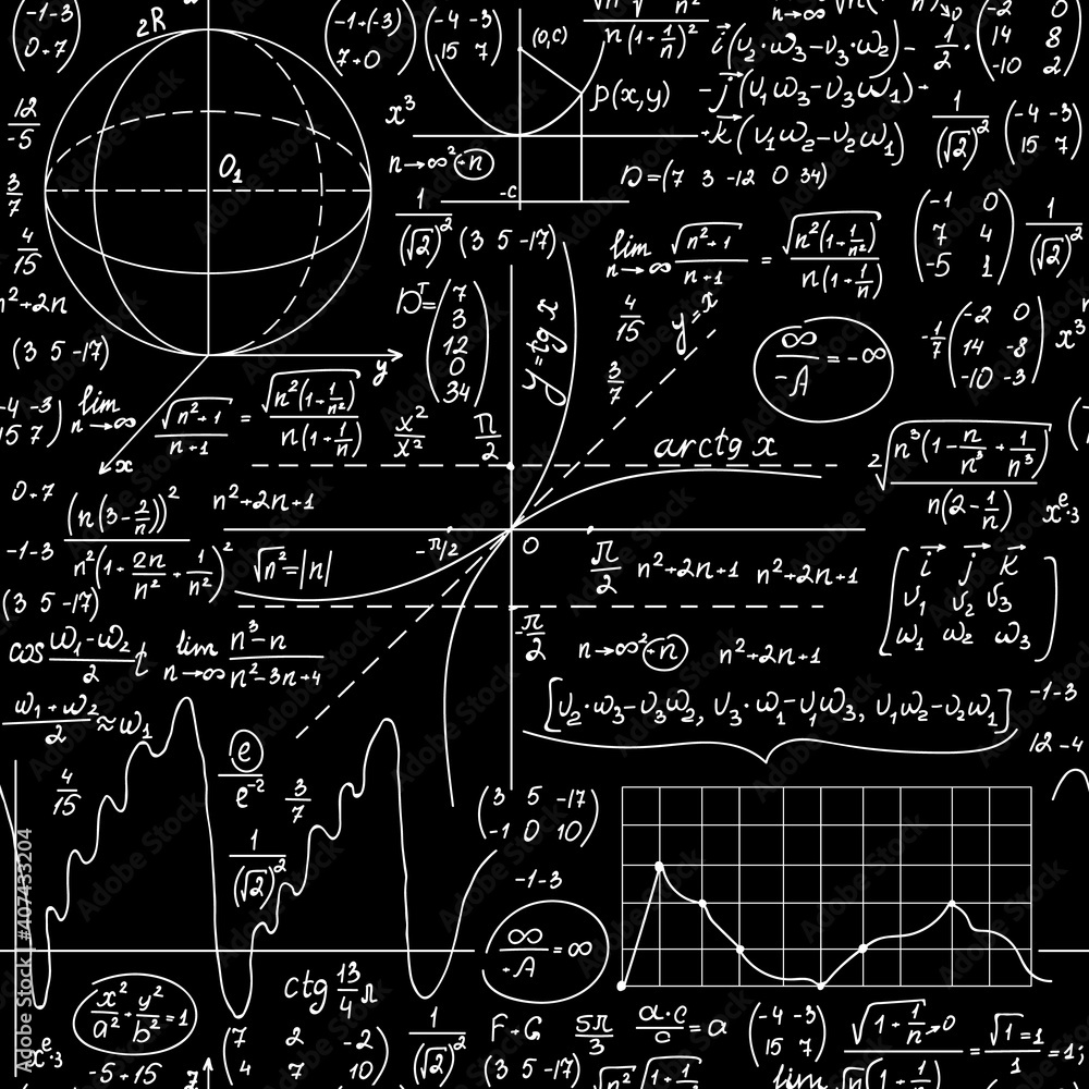 Wall mural mathematical scientific vector seamless pattern with equations, formulas and calculations. you can u