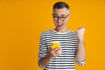 Excited handsome man making winner gesture while using cellphone