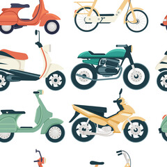 Seamless pattern of scooter and bikes small city dual wheel transport for personal use or courier flat vector illustration