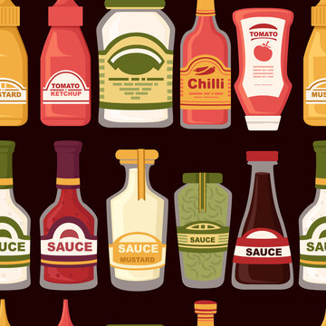 Seamless pattern of different sauces in glass bottles mayonnaise ketchup wasabi mustard vector illustration on dark background