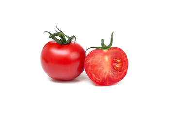Fresh juicy red tomato cut in half on white background