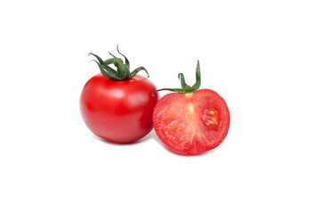 Fresh red tomatoes and tomato cut in half on white background