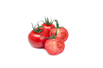 Fresh red tomatoes and tomato cut in half on white background