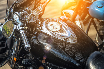The chromed handlebar of a motorcycle.Travel and freedom, outdoor activities. View of motorcycle...