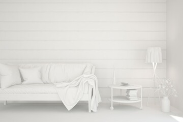 White minimalist living room with sofa. Scandinavian interior design. 3D illustration