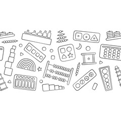 Hand drawn kid toys for Montessori games. Education logic toys for preschool children. Montessori system for early childhood development. Vector background in doodle style