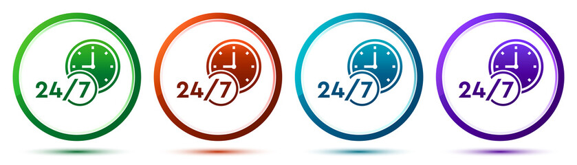 24/7 clock icon artistic frame round button set illustration
