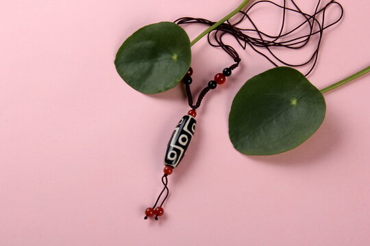 Tibetan Dzi Bead Amulet Necklace And Green Money Tree Leaves On A Pink Background