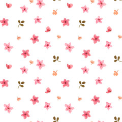 Seamless pattern with cherry or apricot flowers on a white background. Cute watercolor print with simple pink flowers and leaves.
