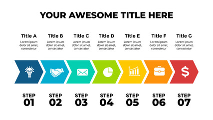 Arrows Vector Infographic. Presentation slide template. Timeline with 7 steps, options, processes. Chart diagram. 