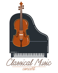 Classical music emblem or logo vector flat style illustration isolated, grand piano andcello logotype for recording label or festival or musical orchestra.