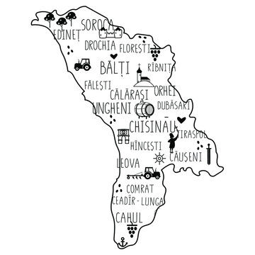 A map of Republic of Moldova with hand drawn elements and lettering. Vector illustration for poster and postcard.