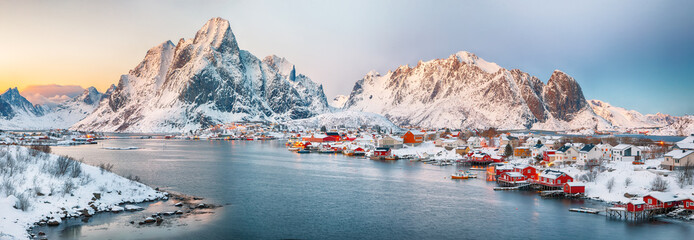 Fantastic evening panorama of Reine town.