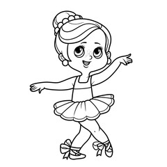 Cute cartoon little ballerina girl dance in lush tutu and in in pointe outlined for coloring isolated on a white background
