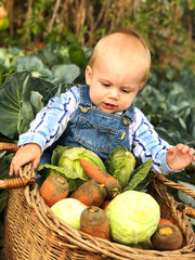Fototapeta premium The child is a little farmer. Farm assistant.