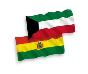National vector fabric wave flags of Bolivia and Kuwait isolated on white background. 1 to 2 proportion.