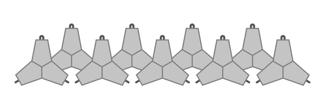 Two rows of concrete tetrapods. Vector isolated on white.