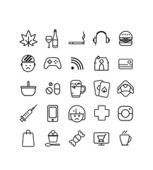 collection de symboles nourriture, jeux, réseaux sociaux