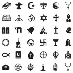 Religion Icons. Black Flat Design. Vector Illustration.