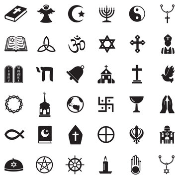Religion Icons. Black Flat Design. Vector Illustration.
