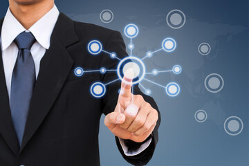 Business man hand pressing modern social buttons on screen.