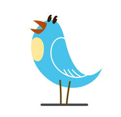 Little cute bird standing and singing birdsong funny cartoon flat vector illustration isolated on white.