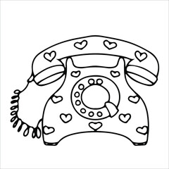 Vintage retro telephone with pattern of hearts simple hand drawn vector illustration isolated on white background