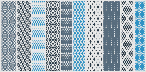 Rhomb seamless geometric vector pattern set, rhombus simple black and white wallpaper background, ethnic folk embroidery or carpet style image collection.