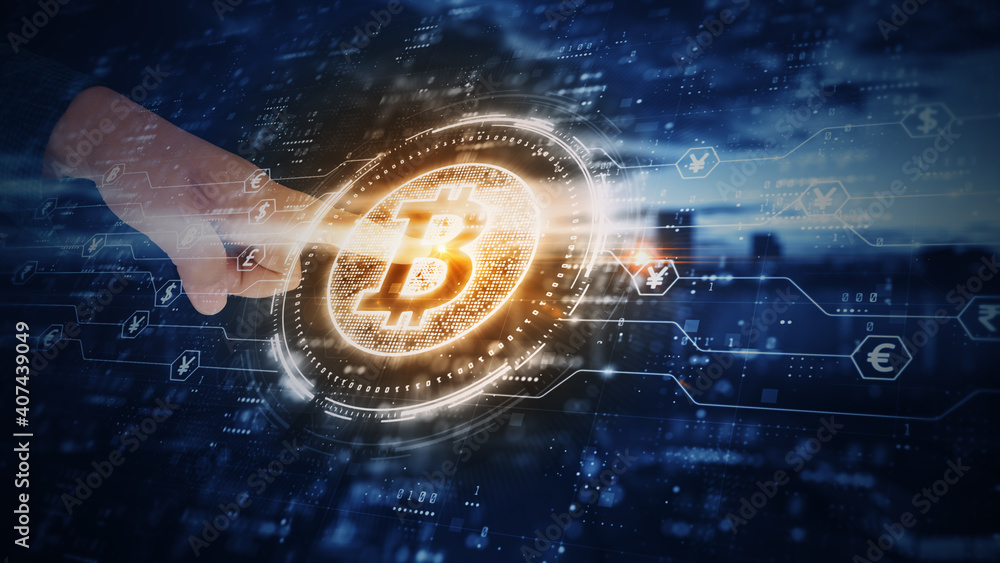 Aufkleber hands touch bitcoin blockchain cryptocurrency digital encryption, digital money exchange, technology